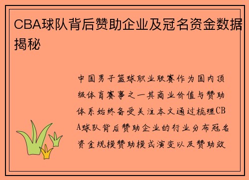CBA球队背后赞助企业及冠名资金数据揭秘