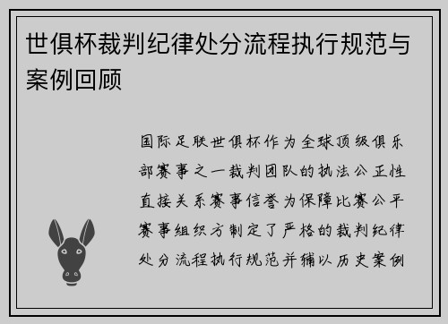 世俱杯裁判纪律处分流程执行规范与案例回顾