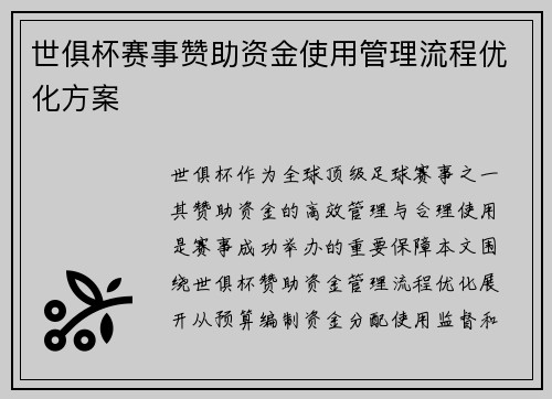 世俱杯赛事赞助资金使用管理流程优化方案